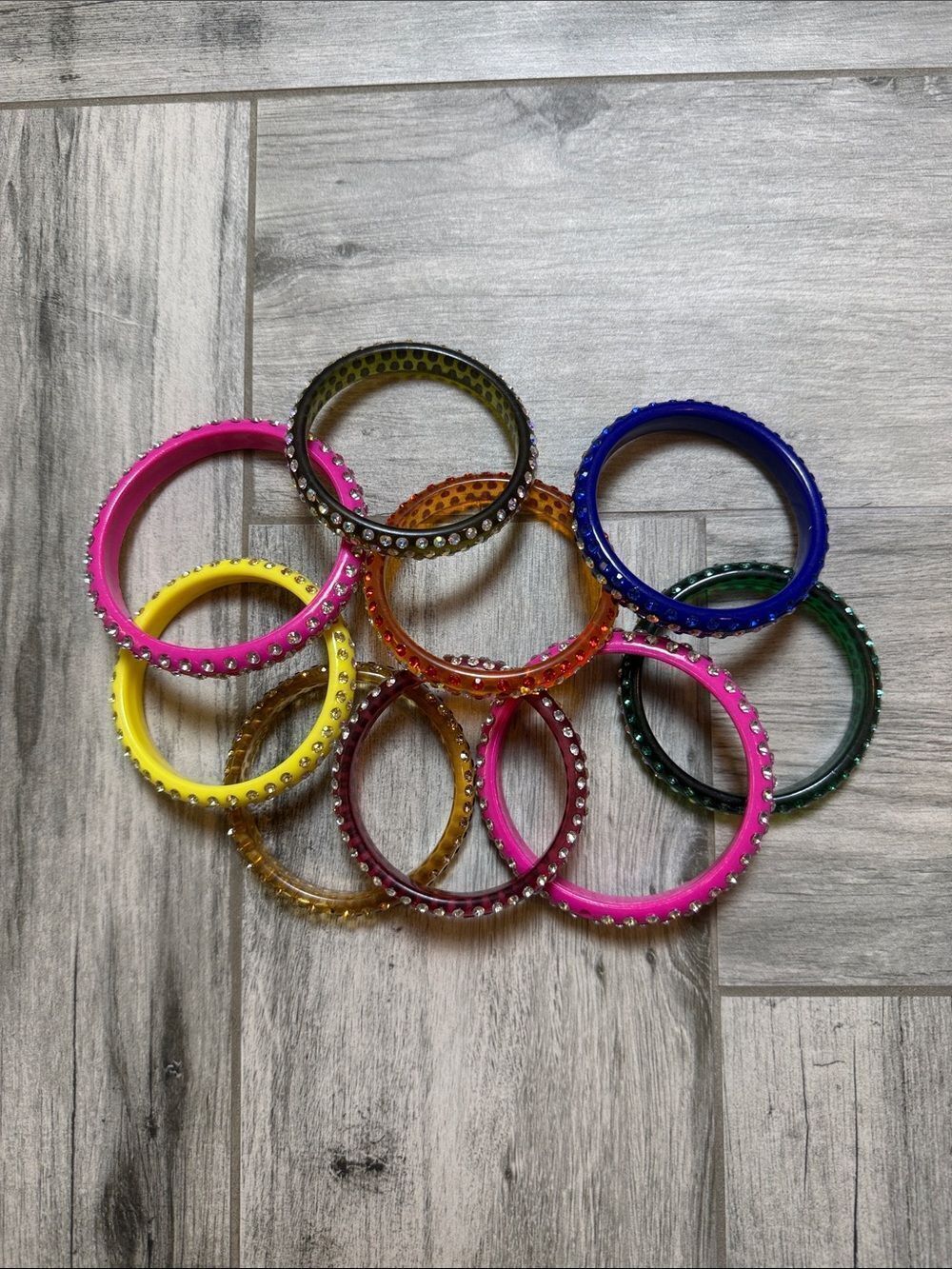 Colorful Vintage Rhinestone Acrylic Bangle Set of Nine (9) Multicolor
